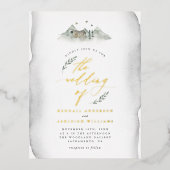 カントリーグレイ葉ウォーターカラー&マウンテン結婚ズ 箔招待状ポストカード (正面)