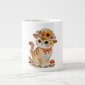 カントリーコアな縞模様の猫と秋の葉のトリブレンドTシャツ ジャンボコーヒーマグカップ