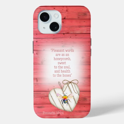 カントリーコアな赤いフェイクウッドハートと虹と蜂の信仰デザイン Case-Mate iPhoneケース (裏面)