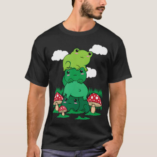 カントリーコアな雰囲気の可愛いカエル積み重ねとキノコ Tシャツ