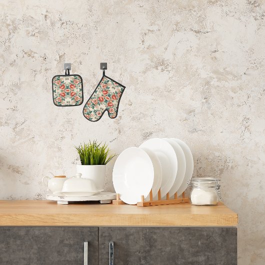 カントリーコテージフローラルパターン 鍋つかみ&鍋敷きセット