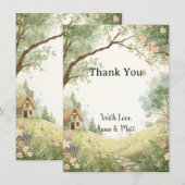 カントリーコテージ感謝カード | 水彩ピンク サンキューカード (正面/裏面)
