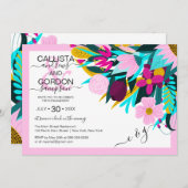 カントリーゴールデンピンクフローラリーフ縁ど婚約 招待状 (正面/裏面)