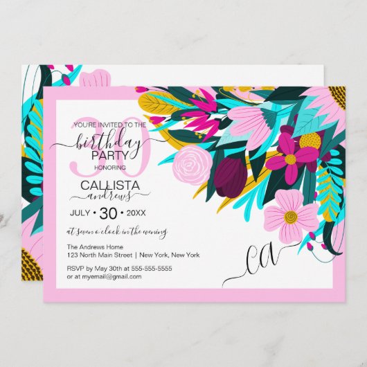 カントリーゴールデンピ離れンクフローラ縁ど誕生日 招待状 (正面/裏面)