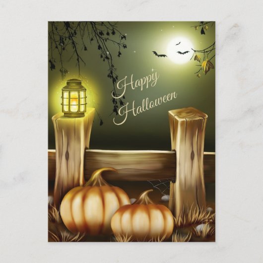 カントリーサイドでのハロウィーンの夜 – カボチャとこうもり シーズンポストカード (正面)