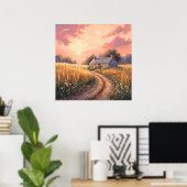 カントリーサイドコテージ – パインターリースタイル風景 ポスター (ホームオフィス)