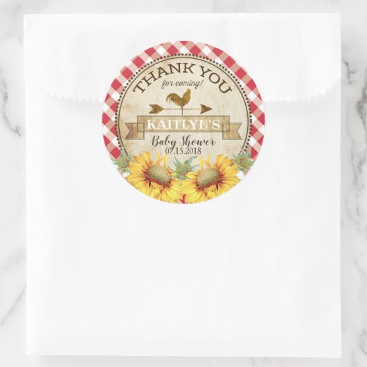 カントリーサンフラワーとギンガムチェック赤ちゃんシャワー ラウンドシール (バッグ)