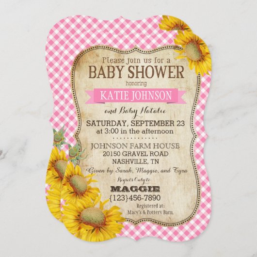 カントリーサンフラワーとギンガムチェック赤ちゃんシャワー 招待状 (正面/裏面)