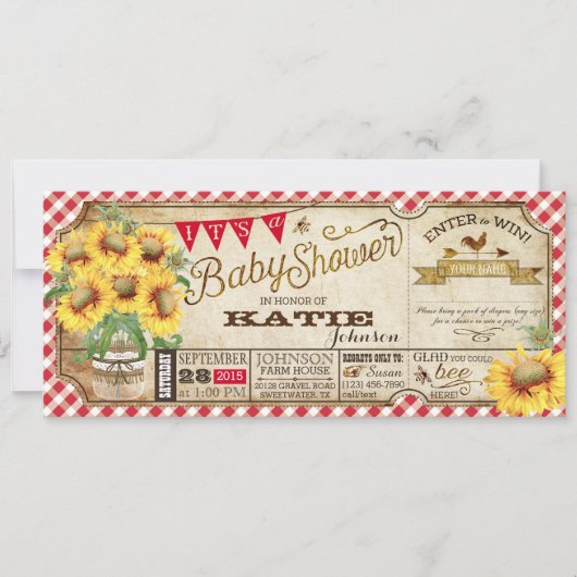 カントリーサンフラワーとギンガムチェック赤ちゃんシャワー 招待状 (正面)