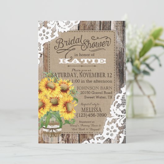 カントリーサンフラワーウッドレース素朴ブライダルシャワー 招待状 (スタンド正面)