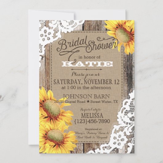 カントリーサンフラワーウッドレース素朴ブライダルシャワー 招待状 (正面)