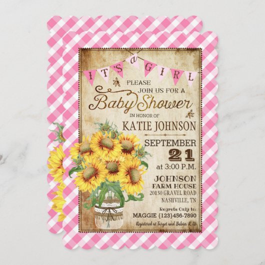 カントリーサンフラワーズギンガムチェックガールベビーシャワー 招待状 (正面/裏面)