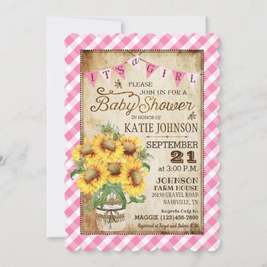 カントリーサンフラワーズギンガムチェックガールベビーシャワー 招待状 (正面)