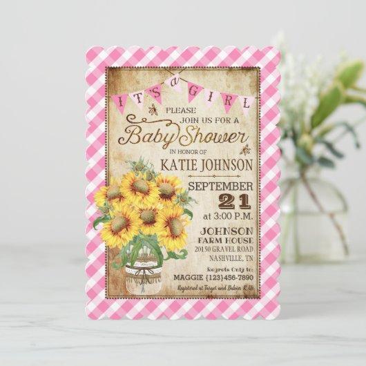 カントリーサンフラワーズギンガムチェックガールベビーシャワー 招待状 (スタンド正面)