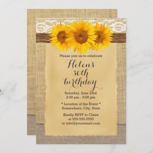 カントリーサンフラワーズレースバーラップ誕生日パーティー 招待状 (正面/裏面)