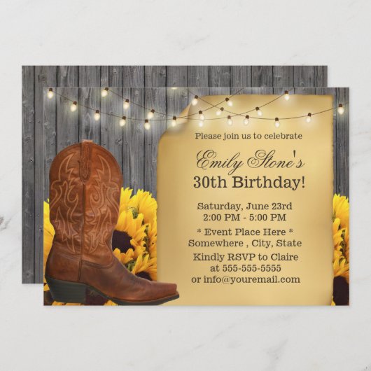 カントリーサンフラワーズ女性のカーボーイバーンウッド誕生日 招待状 (正面/裏面)