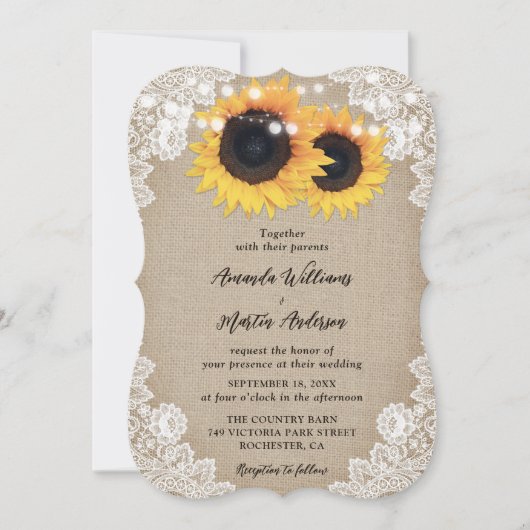 カントリーサンフラワーバーラップフローラレース結婚ズ 招待状 (正面)