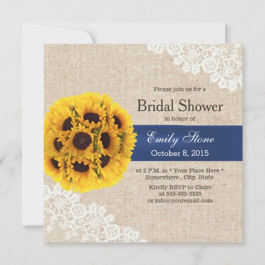 カントリーサンフラワーボールレースバーラップブライダルシャワー 招待状 (正面)