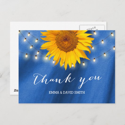 カントリーサンフラワー&ストリングライトブルーありがとう ポストカード (正面/裏面)