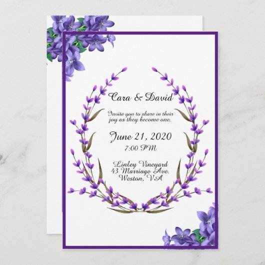 カントリーシエレガントックパープルフローラ結婚ズ 招待状 (正面/裏面)
