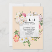 カントリーシックなアイボリーピンクの白い花結婚枠の 招待状 (正面)