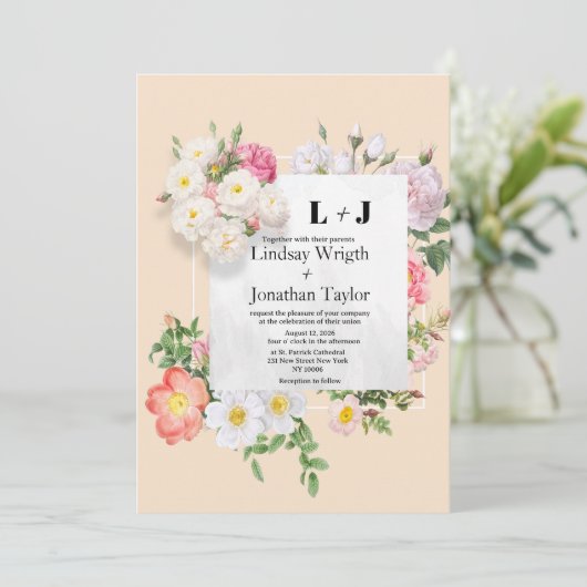 カントリーシックなアイボリーピンクの白い花結婚枠の 招待状 (スタンド正面)