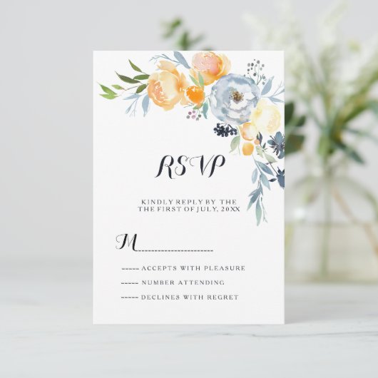カントリーシックなオレンジブルーのホワイトフローラRSVP 招待状 (スタンド正面)