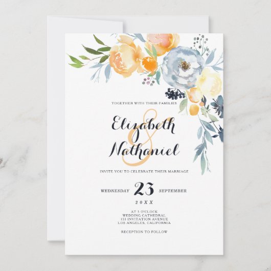 カントリーシックなオレンジ色のホワイトフローラ結婚ズ 招待状 (正面)