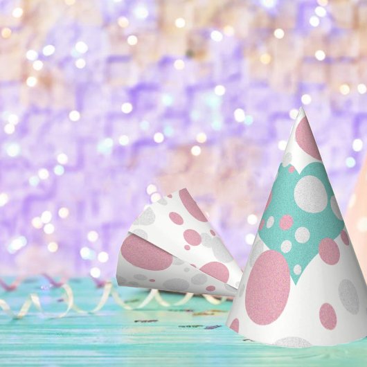 カントリーシックなピンクと青のハート柄ポルカドットスパークル パーティーハット