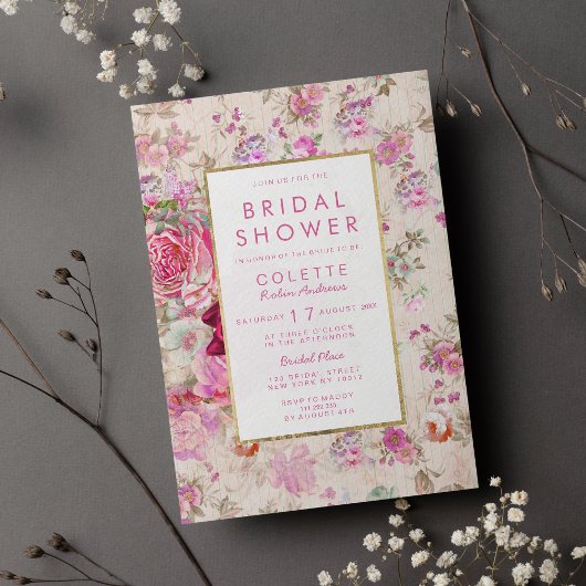 カントリーシックなピンクのヴィンテージフローラブライダルシャワー 招待状