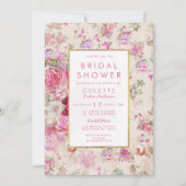 カントリーシックなピンクのヴィンテージフローラブライダルシャワー 招待状 (正面)