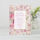 カントリーシックなピンクのヴィンテージフローラブライダルシャワー 招待状 (スタンド正面)