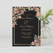 カントリーシックなブラック金ゴールドピンクグリーン結婚フローラ 招待状 (スタンド正面)