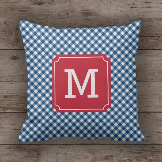 カントリーシックなブルーギンガムネームモノグラム クッション