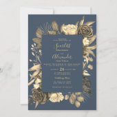 カントリーシックなメイブブルー金ゴールド結婚フローラ 招待状 (正面)
