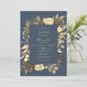 カントリーシックなメイブブルー金ゴールド結婚フローラ 招待状 (スタンド正面)