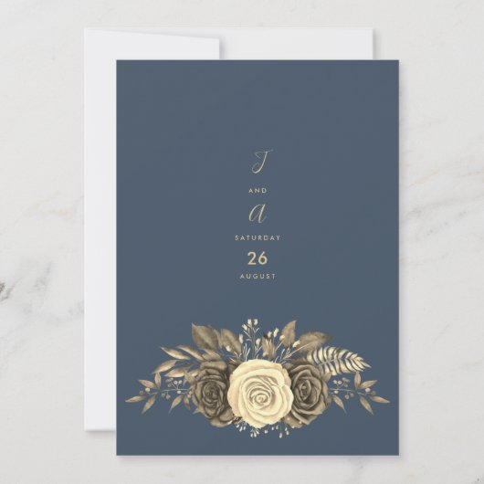 カントリーシックなメイブブルー金ゴールド結婚フローラ 招待状 (裏面)