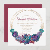 カントリーシックな水の色の多肉性ブライダルシャワー 招待状 (正面/裏面)