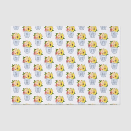 カントリーシックな秋の花を青と白の花瓶 薄葉紙 (正面)