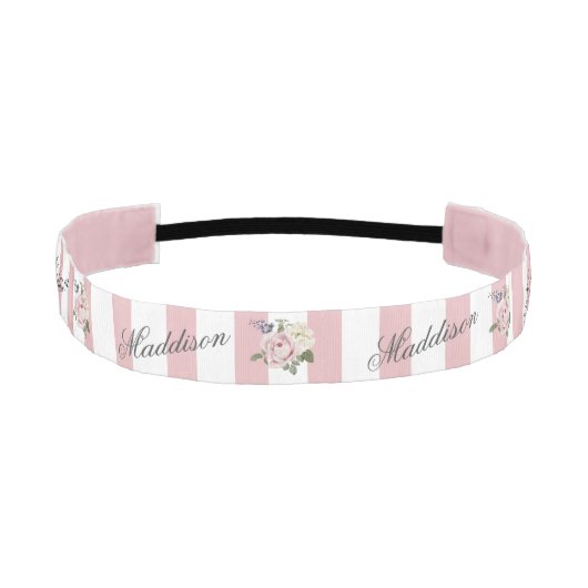 カントリーシックストライプのピンクローズブーケモノグラムの アスレチックヘッドバンド (正面)
