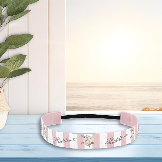 カントリーシックストライプのピンクローズブーケモノグラムの アスレチックヘッドバンド