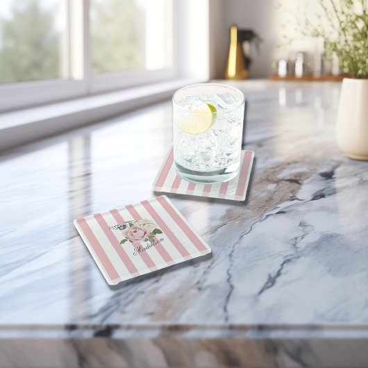 カントリーシックストライプのピンクローズブーケモノグラムの ガラスコースター