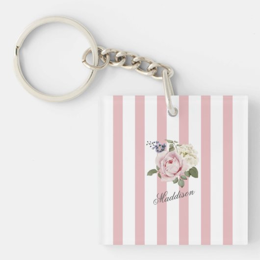 カントリーシックストライプのピンクローズブーケモノグラムの キーホルダー (正面)