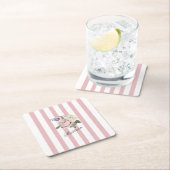 カントリーシックストライプのピンクローズブーケモノグラムの スクエアペーパーコースター (インサイチュ)