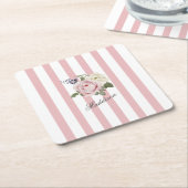 カントリーシックストライプのピンクローズブーケモノグラムの スクエアペーパーコースター (アングル)