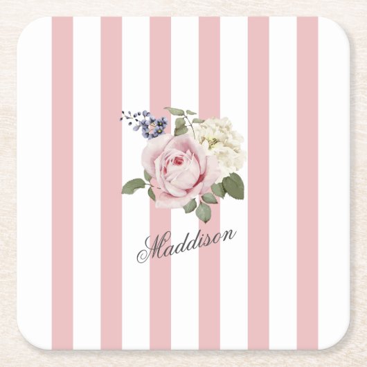 カントリーシックストライプのピンクローズブーケモノグラムの スクエアペーパーコースター (正面)