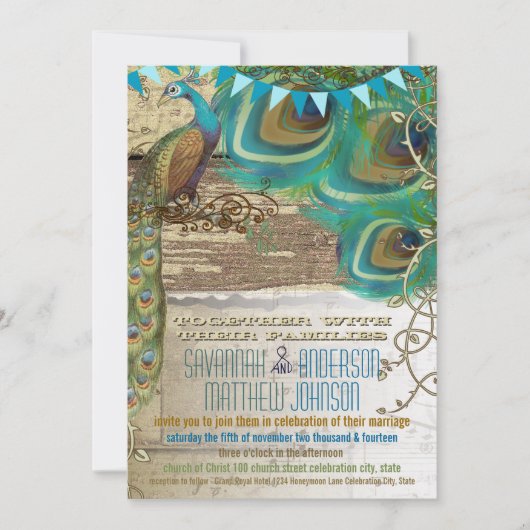 カントリーシックバンティンピーコックヴィンテージオールドウッド 招待状 (正面)