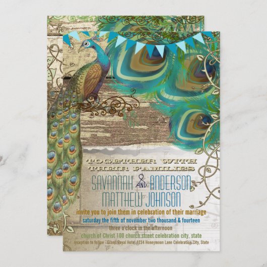 カントリーシックバンティンピーコックヴィンテージオールドウッド 招待状 (正面/裏面)