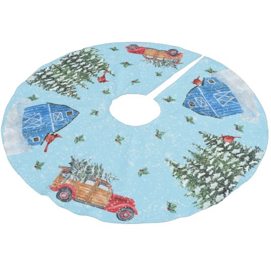 カントリーシーンヴィンテージレッドトラック、納屋、ウッズ ブラッシュドポリエステルツリースカート (アングル)