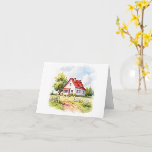 カントリーシーン：フェンス付き古いファームハウス空白の カード (黄色い花)